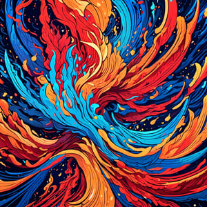 Leonardo Style,  An abstract painting showcasing the concept of separation and unity: vivid strokes of fiery red and cool blue intertwining and diverging, only to converge again, symbolizing the eternal cycle of harmony and discord in the universe, ensuring a visually stunning masterpiece, colorful, detailed, 4k, pro vector, full design, Alchemy Smooth Upscaled