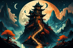 An gothic watchtower in the top of the mountain ,night with stars and moon with clouds infographic with illustrations, ships coming, dark and gloomy weather, creatures goes tower, by victo ngai, kilian eng vibrant colours, dynamic lighting, digital art, winning award masterpiece, fantastically beautiful, illustration, aesthetically inspired by beksinski and dan mumford, trending on artstation, art by greg rutkowski, 4k, 8k, higly detailed,Leonardo Style,ink scenery,lofi