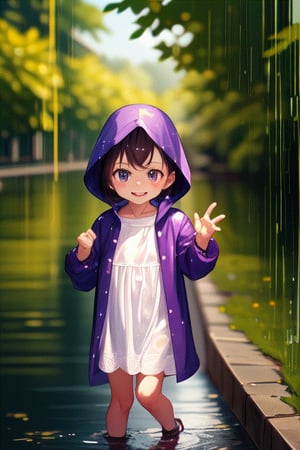 A curious girl in a bright purple raincoat is exploring the riverbank and dancing in the rain mystical rabit creature.
, (Cute girl, child), (Smile: 0.8), misaka_mikoto
