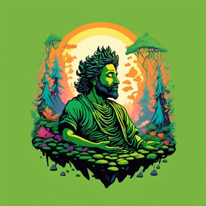 Leonardo Style,tshirt design, neon light art, In the heart of a serene forest, a man in deep meditation sits cross-legged atop a moss-covered rock. The dappled sunlight filters through the leaves, creating a mesmerizing dance of light and shadow. His connection to nature and the energy of the earth is palpable, evoking a sense of peace and tranquility, colorful, detailed, 4k, T-shirt design, streetwear design, pro vector, full design, Alchemy Smooth Upscaled Image