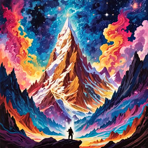 Leonardo Style, A breathtaking landscape painting depicting a lone man standing in front of a towering, snow-capped mountain. He raises his arms to collect the energy from universe, harnessing the cosmic energy of the universe, while the night sky above is ablaze with swirling nebulas and distant galaxies. The man's silhouette radiates power and determination in this surreal masterpiece, colorful, detailed, 4k, pro vector, full design, Alchemy Smooth Upscaled