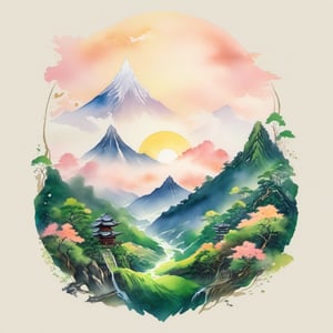 A serene mountain peak bathed in the soft glow of a setting sun, its slopes covered in lush greenery. Wisps of mist rise from the forest below as a lone figure in traditional Japanese attire meditates amidst the tranquil beauty, connecting with the universe. The scene is an exquisite blend of Ghibli's whimsy and nature's majesty, rendered with vivid watercolors and delicate brushstrokes, evoking a sense of wonder and self-discovery.,Leonardo Style,tshirt design