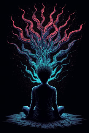 fluxtration, vector art, person, sitting, floating, floating_hair, meditative, darkness ruin, bad energy, swirling energy from body, darkness, solo, simple background, digital art, hand drawn, hand painted, neatly drawn,