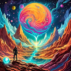Leonardo Style, A digital artwork that combines elements of science fiction and fantasy, portraying a man on a distant planet, surrounded by otherworldly mountains that seem to pulse with cosmic energy. He holds a glowing orb that channels the power of nearby nebulae and galaxies, creating a surreal and awe-inspiring spectacle, surreal masterpiece, colorful, detailed, 4k, pro vector, full design, Alchemy Smooth Upscaled Image,
