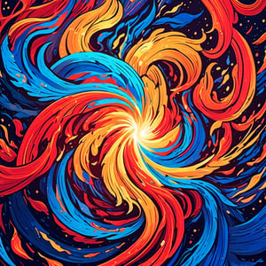 Leonardo Style,  An abstract painting showcasing the concept of separation and unity: vivid strokes of fiery red and cool blue intertwining and diverging, only to converge again, symbolizing the eternal cycle of harmony and discord in the universe, ensuring a visually stunning masterpiece, colorful, detailed, 4k, pro vector, full design, Alchemy Smooth Upscaled