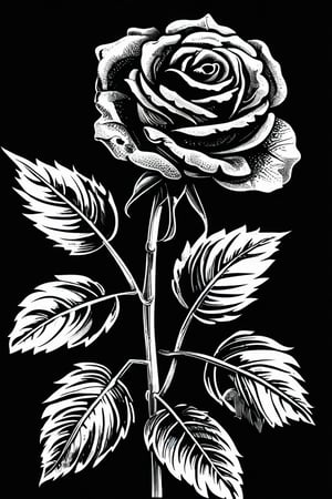 monochrome, flower, greyscale, no humans, rose, leaf, plant, black background,with a style similar to traditional etching, the illustration should feature fine lines and high contrast. making it suitable for laser engraving