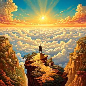 Leonardo Style, A mesmerizing photograph of a man standing at the edge of a cliff, overlooking a sea of clouds that stretches out below. The setting sun bathes the scene in warm, golden light, and the man's outstretched arms seem to draw energy from the sun itself, creating a stunning contrast between the earthly and celestial realms in this surreal masterpiece, colorful, detailed, 4k, pro vector, full design, Alchemy Smooth Upscaled Image,