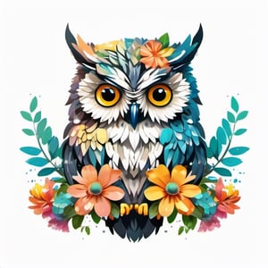 A detailed illustration a print of vintage owl head, flowers splash, t-shirt design, in the style of Studio Ghibli, pastel tetradic colors, white background, 3D vector art, cute and quirky, fantasy art, watercolor effect, bokeh, Adobe Illustrator, hand-drawn, digital painting, low-poly, soft lighting, bird's-eye view, isometric style, retro aesthetic, focused on the character, 4K resolution, photorealistic rendering, using Cinema 4D