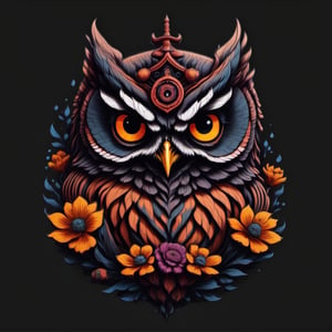 Leonardo Style, owl in oni style, illustration, flower, no humans, black background, simple background,