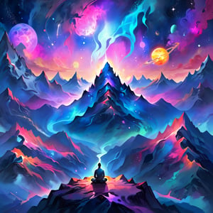 A digital painting of a serene mountain landscape at twilight, with a meditating man seated at its peak. His hand emits a vibrant, ethereal energy flow, illuminating the surrounding area. The distant planets in the starry sky above add an otherworldly touch to this breathtaking scene.