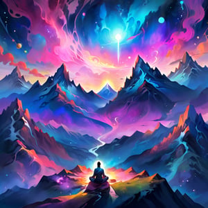 A digital painting of a serene mountain landscape at twilight, with a meditating man seated at its peak. His hand emits a vibrant, ethereal energy flow, illuminating the surrounding area. The distant planets in the starry sky above add an otherworldly touch to this breathtaking scene.