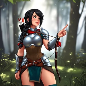 girl archer with a black braid, dressed in armor, stands in the middle of the forest and looks up. In one hand, one holds an arrow pointing upward, and in the other a bow.