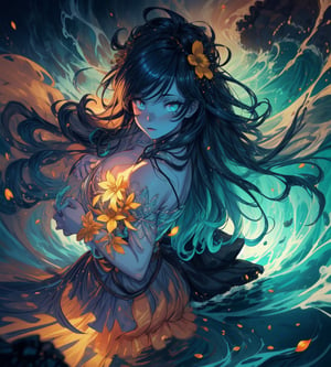 an elemental ocean girl with blue skin commands the oceans and waves, reflections in the water, flowing hair adorned with golden flower petals,full length shot, hyper details, lighting art, cinematic, insane details, intricate details, hyperdetailed, goth, fractal, dark shot, dynamic pose, slime, 3D,