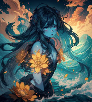 an elemental ocean girl with blue skin commands the oceans and waves, reflections in the water, flowing hair adorned with golden flower petals,full length shot, hyper details, lighting art, cinematic, insane details, intricate details, hyperdetailed, goth, fractal, dark shot, dynamic pose, slime, 3D,