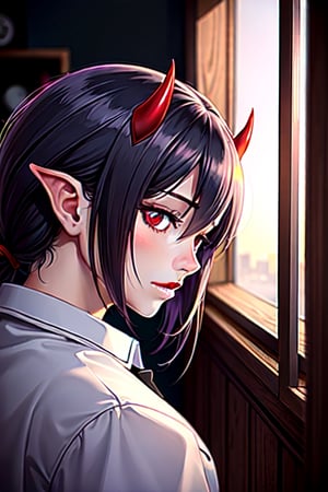 a beautiful demon girl with black horns and red eyes looks out the window behind which it is raining,