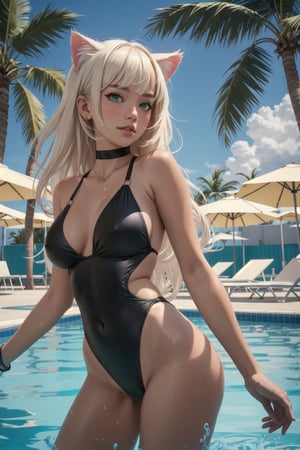 portrait, 1girl, asian-european girl, long hair, platinum blonde hair, green eyes, cat ears, black choker, black swimsuit, at the pool, palm trees