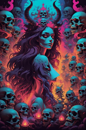 Psychedelic rock design, nude girl , skulls, Demons, Dark coven, evil spirits,high contrast color palette. ,Leonardo Style