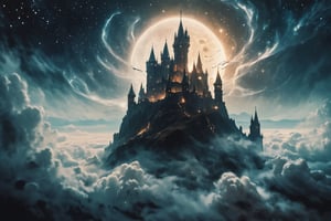 wizards fly across the ethereal sky. aether, space, clouds in the distance, stars, wind, extreme close-up, distant flying castle. The scene is bathed in moody, cinematic glory on 35mm Kodak film, with sharp focus and high-budget grandeur, realistic photography