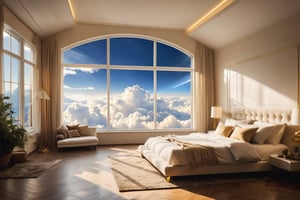 heavenly bedroom, large beautiful bedroom, window open, clouds, heaven, golden lightrays, realistic photography