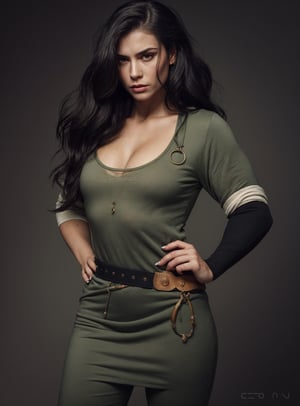 facing viewer, (green skin:1), woman, intense eyes, angled eyes, resting bitch face, strong facial features, intimidating, thick arms, skin pores, sharp jawline, muscular, buff, thick, (wide hips:1), dark hair, tavern, zoomed out, thick arms, tunic, black pants, looking at viewer, Realism