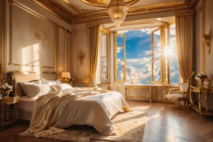 heavenly bedroom, large beautiful luxurious golden bedroom, window open, clouds, heaven, golden light streaming, flying cats outside, realistic photography