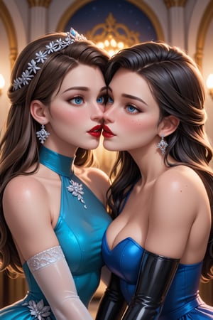 2 woman's, kissing, russian princes, 18 Years old, White, perfect face, beautiful make up, red lipstick, blue eyes, long hair, straight hair, long traditional dress, prom dress, latex elbow gloves, cinematic lighting, look at veiwer, pov, ((((high detailed skin)))), [[[freckles]]], 8k, sharp focus,