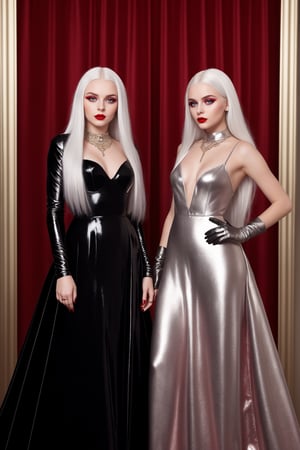 2 girls, young russian girl, makeup, red lipstick, long platinum hair, long metallic gown, gloves, jewelry, standing ,Masterpiece