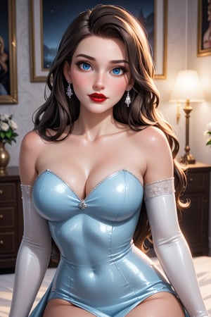 2 woman's, russian princes, 18 Years old, White, perfect face, beautiful make up, red lipstick, blue eyes, long hair, straight hair, long traditional dress, prom dress, latex elbow gloves, cinematic lighting, look at veiwer, pov, ((((high detailed skin)))), [[[freckles]]], 8k, sharp focus,