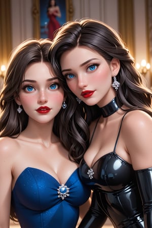 2 woman's, love, russian princes, 18 Years old, White, perfect face, beautiful make up, red lipstick, blue eyes, long hair, straight hair, long traditional dress, prom dress, latex elbow gloves, cinematic lighting, look at veiwer, pov, ((((high detailed skin)))), [[[freckles]]], 8k, sharp focus,