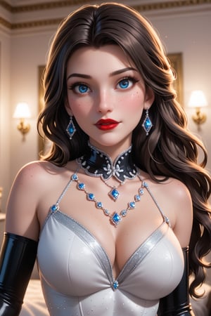 2 woman's, love, russian princes, 18 Years old, White, perfect face, beautiful make up, red lipstick, blue eyes, long hair, straight hair, long traditional dress, prom dress, latex elbow gloves, cinematic lighting, look at veiwer, pov, ((((high detailed skin)))), [[[freckles]]], 8k, sharp focus,