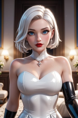 1 woman, russian princes, 18 Years old, White, perfect face, beautiful make up, red lipstick, blue eyes, bobcut hair, white hair, long traditional dress, luxury dress, latex gloves, cinematic lighting, look at veiwer, pov, ((((high detailed skin)))), [[[freckles]]], 8k, sharp focus,