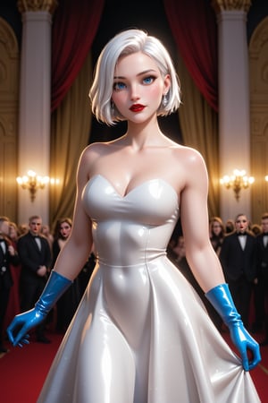 1 woman, russian princes, 18 Years old, White, perfect face, beautiful make up, red lipstick, blue eyes, bobcut hair, white hair, long traditional dress, luxury dress, latex gloves, cinematic lighting, look at veiwer, on stage, ((((high detailed skin)))), [[[freckles]]], 8k, sharp focus,