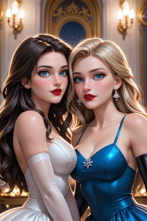 2 woman's, love, russian princes, 18 Years old, White, perfect face, beautiful make up, red lipstick, blue eyes, long hair, straight hair, long traditional dress, prom dress, latex elbow gloves, cinematic lighting, look at veiwer, pov, ((((high detailed skin)))), [[[freckles]]], 8k, sharp focus,