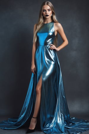 masterpiece, russian girl, full body, detailed, blue eyes, black lipstick, prom makeup, long straight hair, lots of slime on metallic dress, realism,