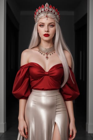 2 girls, young russian girl, makeup, red lipstick, long platinum hair, long metallic skirt, off shoulder, jewelry, headdress, standing ,Masterpiece