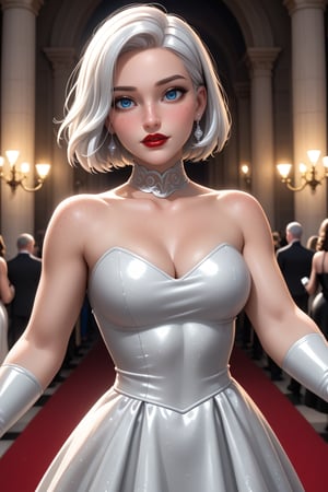 1 woman, Greece princes, 18 Years old, White, perfect face, beautiful make up, red lipstick, blue eyes, bobcut hair, white hair, long traditional dress, luxury dress, latex gloves, cinematic lighting, look at veiwer, pov, ((((high detailed skin)))), [[[freckles]]], 8k, sharp focus,