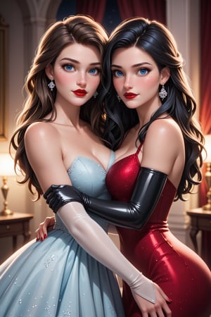 2 woman's, fitting, russian princes, 18 Years old, White, perfect face, beautiful make up, red lipstick, blue eyes, long hair, straight hair, long traditional dress, prom dress, latex elbow gloves, cinematic lighting, look at veiwer, pov, ((((high detailed skin)))), [[[freckles]]], 8k, sharp focus,