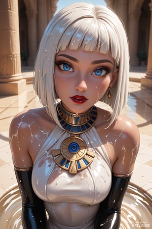 1 woman, Egypt princes, 18 Years old, White, perfect face, beautiful make up, red lipstick, blue eyes, bobcut hair, white hair, long traditional satin dress, latex gloves, body in oil, oil everywhere, cinematic lighting, look at veiwer, pov, ((((high detailed skin)))), [[[freckles]]], 8k, sharp focus,