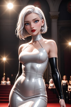 1 woman, russian princes, 18 Years old, White, perfect face, beautiful make up, red lipstick, blue eyes, bobcut hair, white hair, long satin dress, luxury metallic dress, latex elbow gloves, cinematic lighting, look at veiwer, on stage, ((((high detailed skin)))), [[[freckles]]], 8k, sharp focus,