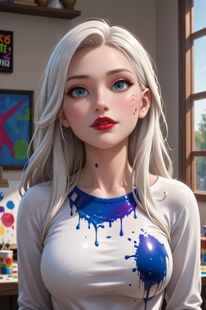 beautiful russian young woman, perfect face, beautiful make up, red lipstick, blue eyes, long hair, white hair, white long sleeve top, paints on clothes, lots of paints everywhere, body in colourful paints, morning, cinematic lighting, look at veiwer, face focus, closeup, (((paint splatters, paint drip))) ((((high detailed skin)))), [[[freckles]]], 8k, sharp focus