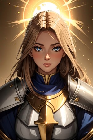female knight with holy golden light around him, both_eyes_closed