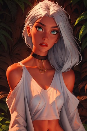 beautiful eyes,beautiful hair, silver hair, green_eyes,detailed_eyes,perfect_eyes,bare_shoulder,bare_midriff,SAM YANG,High detailed ,drow,white_shirt,choker