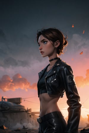 high_resolution,
female_human,
(brown_hair),
(blue_eyes),
short_hair,
random_clothing,
tactical clothing,
leather jacket,
pale_skin,
fit,
post-apocalyptic,
random_pose,
bare_midriff,
choker,
sunset,
Science Fiction,drow,
battle_stance,Athena_Asamiya,SAM YANG