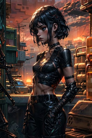 high_resolution,
female_human,
(black_hair),
(blue_eyes),
short_hair,
random_clothing,
tactical clothing,
tactical armor,
pale_skin,
fit,
post-apocalyptic,
random_pose,
bare_midriff,
choker,
sunset,
Science Fiction,