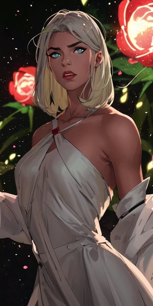 masterpiece, best quality, illustration, full body image, white dress, 1girl, cute, (dynamic lighting:1.2), cinematic lighting, delicate facial features, detailed eyes, green eyes, short silver hair, sharp pupils, realistic pupils, depth of field, bokeh, sharp focus, (hyper-detailed, bloom, glow:1.4), blonde hair, full lips, bright green eyes,SAM YANG,EpicSky,bare_shoulders,