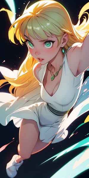 masterpiece, best quality, illustration, full body image, ornate and elaborate dress, platinum earrings, tiara, platinum necklace, white dress, 1girl, cute, (dynamic lighting:1.2), cinematic lighting, delicate facial features, detailed eyes, green eyes, long blonde hair, sharp pupils, realistic pupils, depth of field, bokeh, sharp focus, (hyper-detailed, bloom, glow:1.4), blonde hair, full lips, bright green eyes