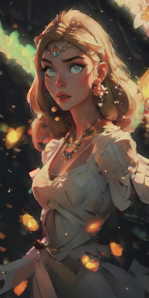 masterpiece, best quality, illustration, full body image, ornate and elaborate dress, platinum earrings, tiara, platinum necklace, white dress, 1girl, cute, (dynamic lighting:1.2), cinematic lighting, delicate facial features, detailed eyes, green eyes, long blonde hair, sharp pupils, realistic pupils, depth of field, bokeh, sharp focus, (hyper-detailed, bloom, glow:1.4), blonde hair, full lips, bright green eyes,SAM YANG,EpicSky