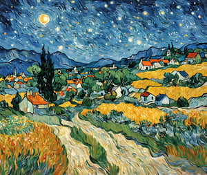 summer night in a small village,(((star sky))),art by van gogh