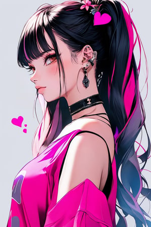 (masterpiece),,(best quality), 
1girl, solo, long hair, looking at viewer, blush, simple background, shirt, hair ornament, bare shoulders, twintails, jewelry, collarbone, upper body, pink hair, heart, choker, hairclip, hand up, pink eyes, off shoulder, nail polish, collar, bracelet, black shirt, piercing, ring, black background, ear piercing, pink nails, multicolored eyes, covering mouth, off-shoulder shirt, multicolored nails, nail art

 sneakers,High detailed ,masterpiece