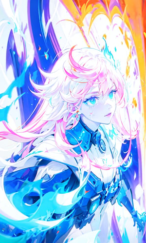 1girl, 16k, white skin,pink hair, super detailed, futuristic, masterpiece,detailed face, complex_background, detailed face, beautiful detailed eyes), High contrast, (best illumination, an extremely delicate and beautiful),dynamic pose, warzone,blue flames, glow, glowing weapon, light particles, long white hair, BLUE  FIRE,scenery,RED FIRE GREEN FIRE BLUE FIRE PURPLE FIRe,candystyle